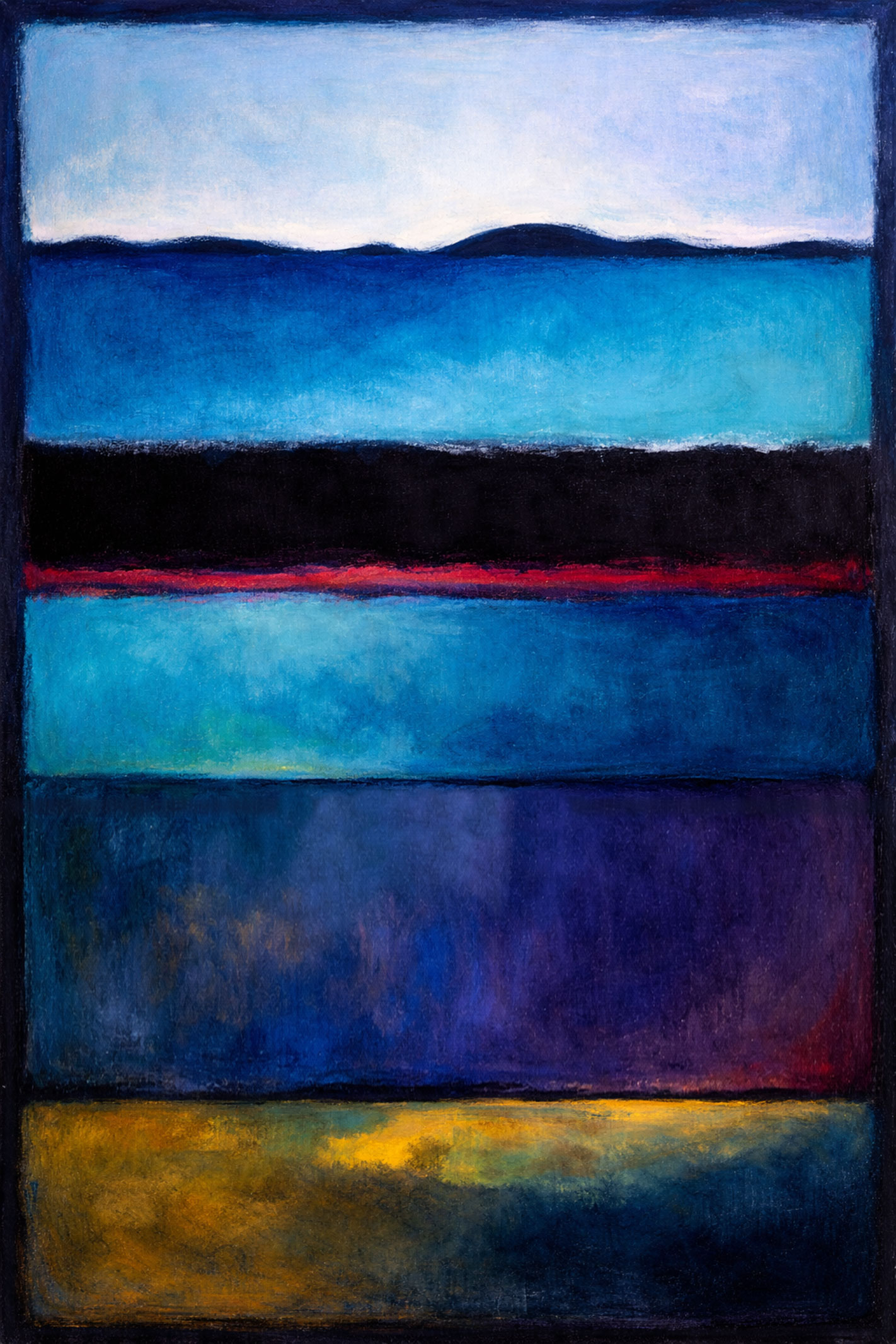 Abstract painting consisting of four horizontal bands of colour stacked vertically. The top band features a gradient of light blue transitioning to a deep blue. Below it, a thin black band is interrupted by a subtle red line running horizontally. The next band is a tranquil aqua blue, fading gently. The next band extends downwards in a blend of deep blue and purple hue. The bottommost band is a mix of dark gold and deep blue. The image is framed in a dark bordering.